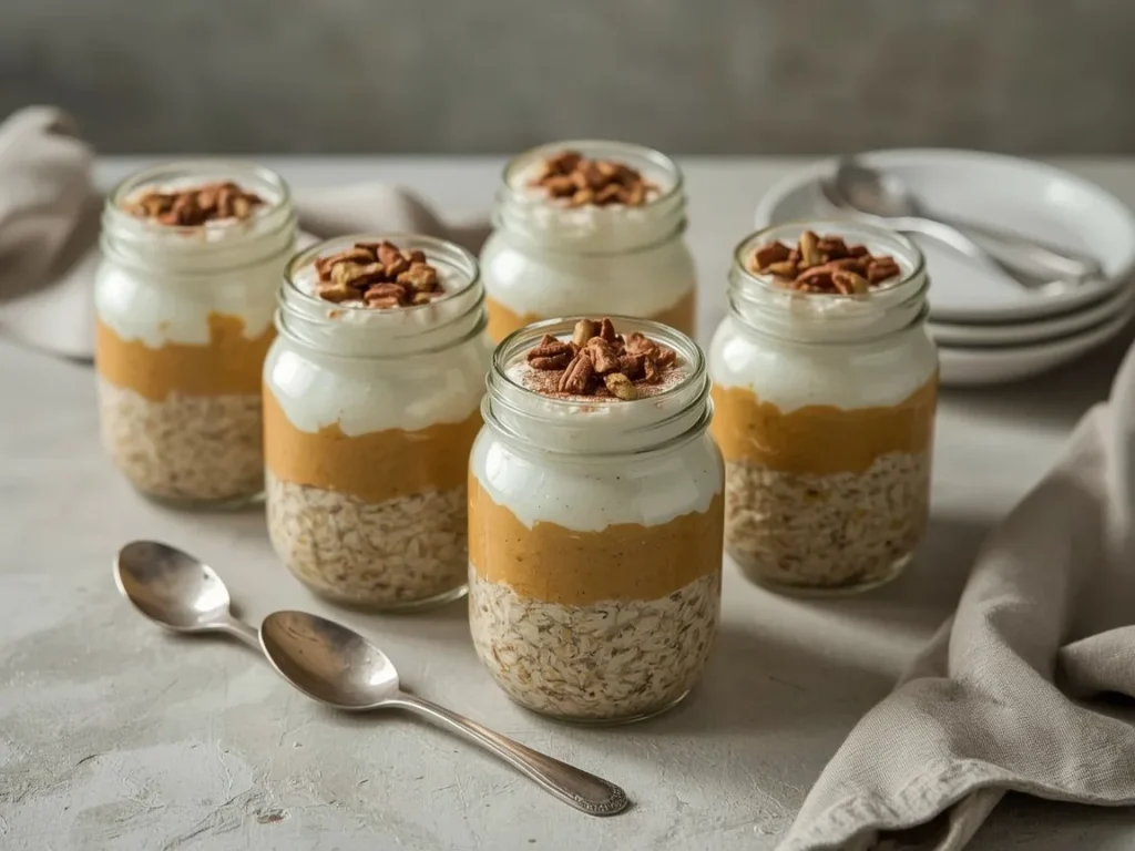 Jars of pumpkin pie overnight oats topped with Greek yogurt and pecans