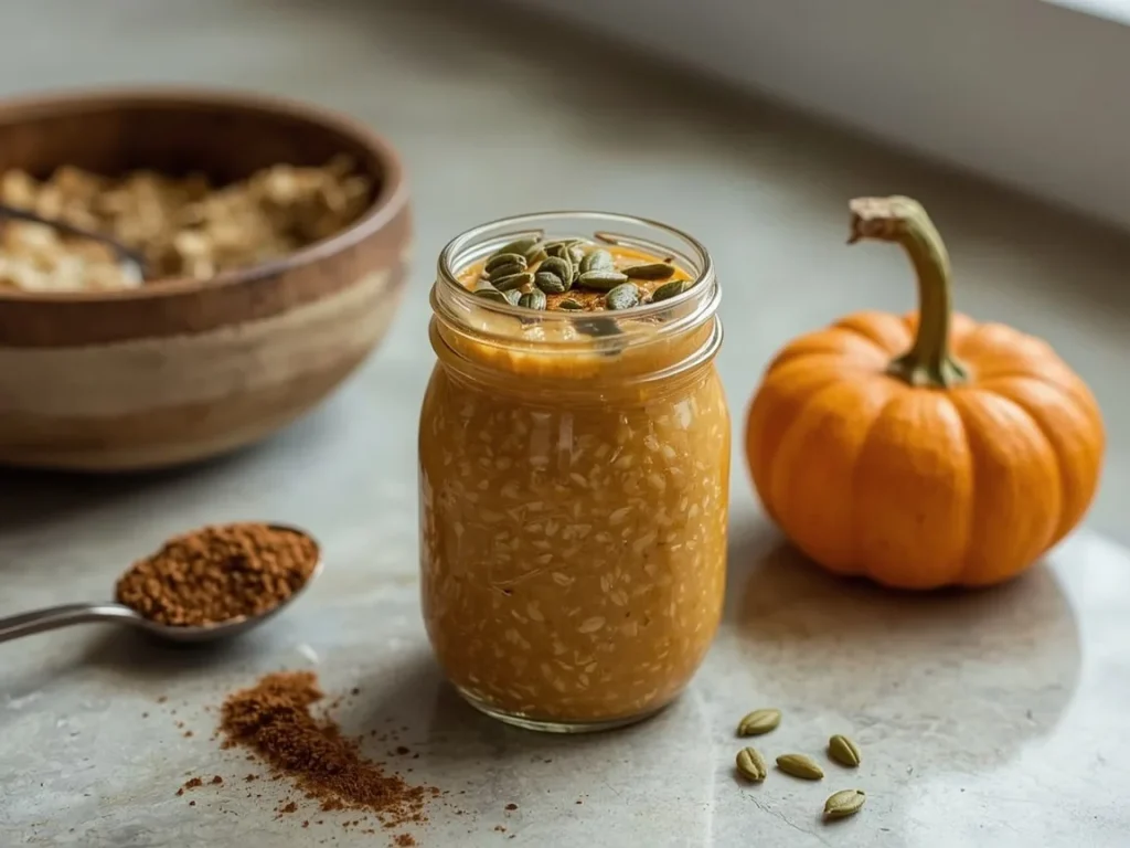 Pumpkin pie protein overnight oats topped with pumpkin seeds