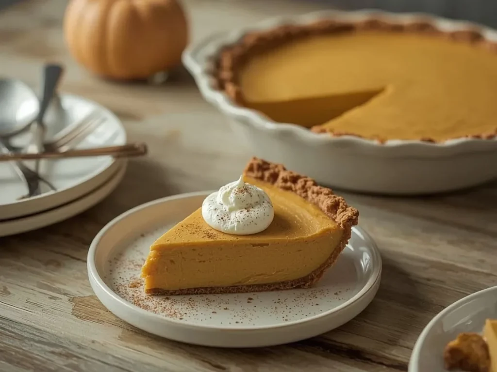 Slice of pumpkin protein pie with graham cracker crust and a maple yogurt topping