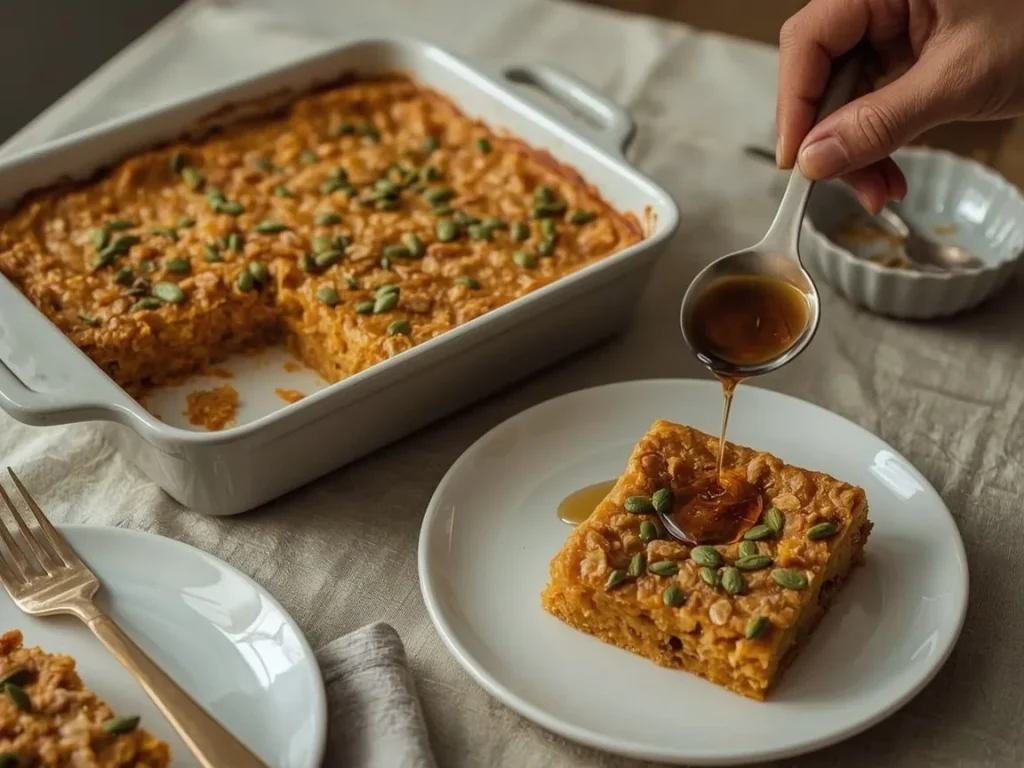 Pumpkin spice baked oatmeal topped with pumpkin seeds and maple syrup