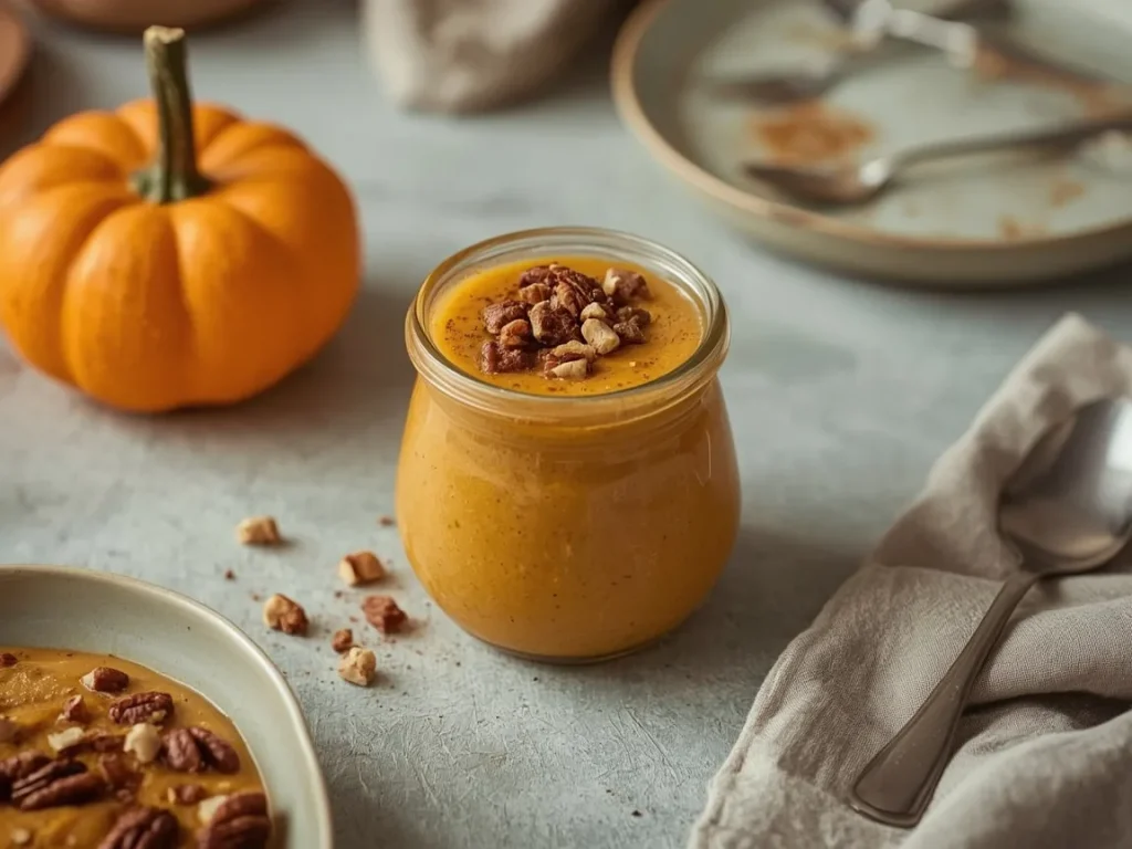 Pumpkin spice protein chia pudding topped with pecans