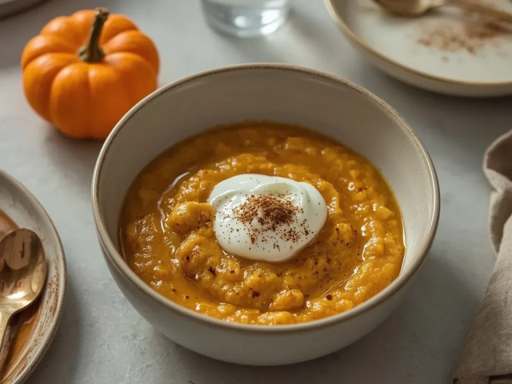 Pumpkin spice protein oatmeal topped with Greek yogurt and maple syrup