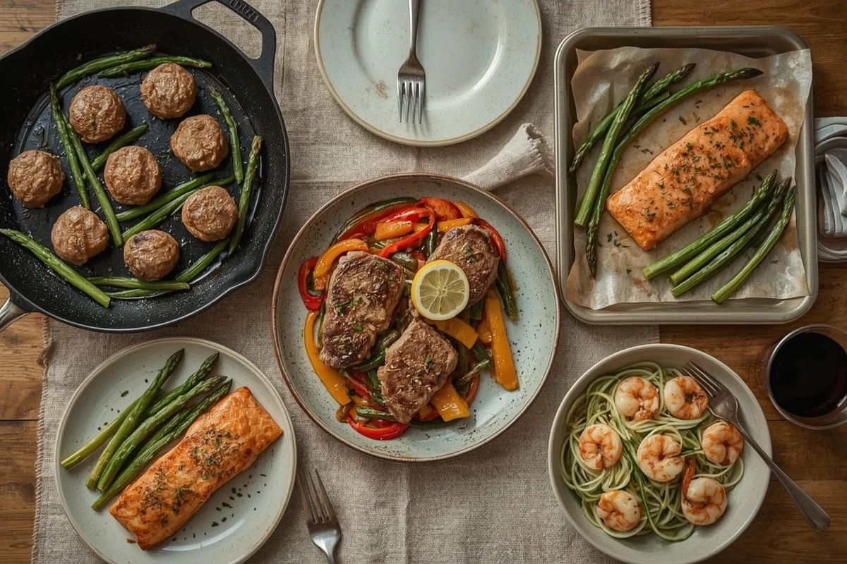 Quick low carb high protein meals including steak bites, chicken fajitas, lemon salmon and shrimp zucchini noodles