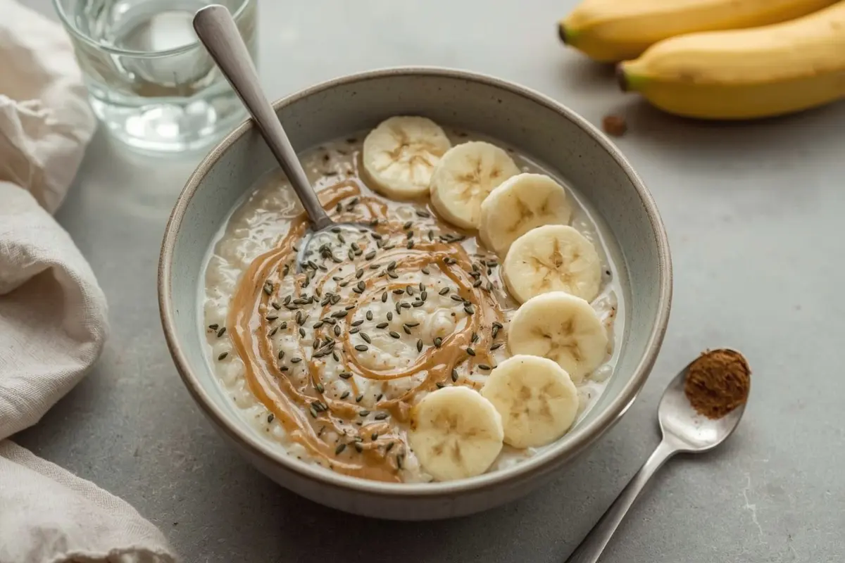 Quinoa Breakfast Porridge with Almond Butter and Hemp Seeds