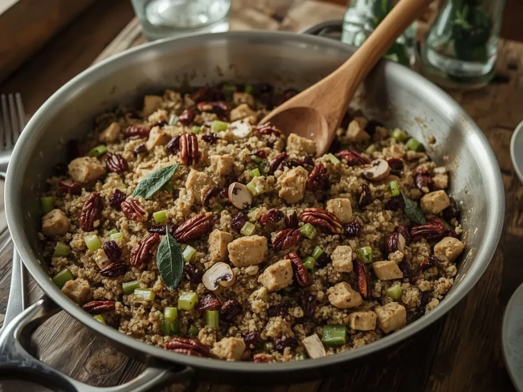 Quinoa stuffing with chicken sausage, mushrooms, cranberries and pecans in a skillet