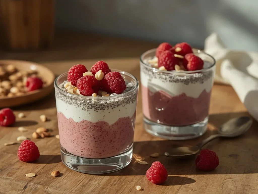 Raspberry chia pudding layered with Greek yogurt and topped with raspberries