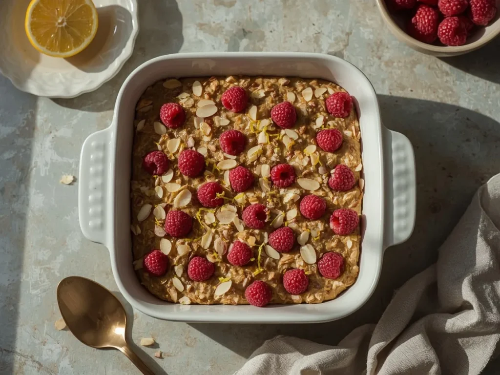 Raspberry lemon ricotta baked oatmeal topped with sliced almonds and lemon zest