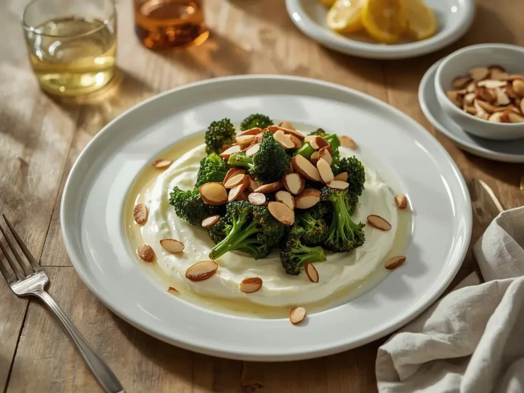 Roasted broccoli over lemon whipped cottage cheese with toasted almonds and honey