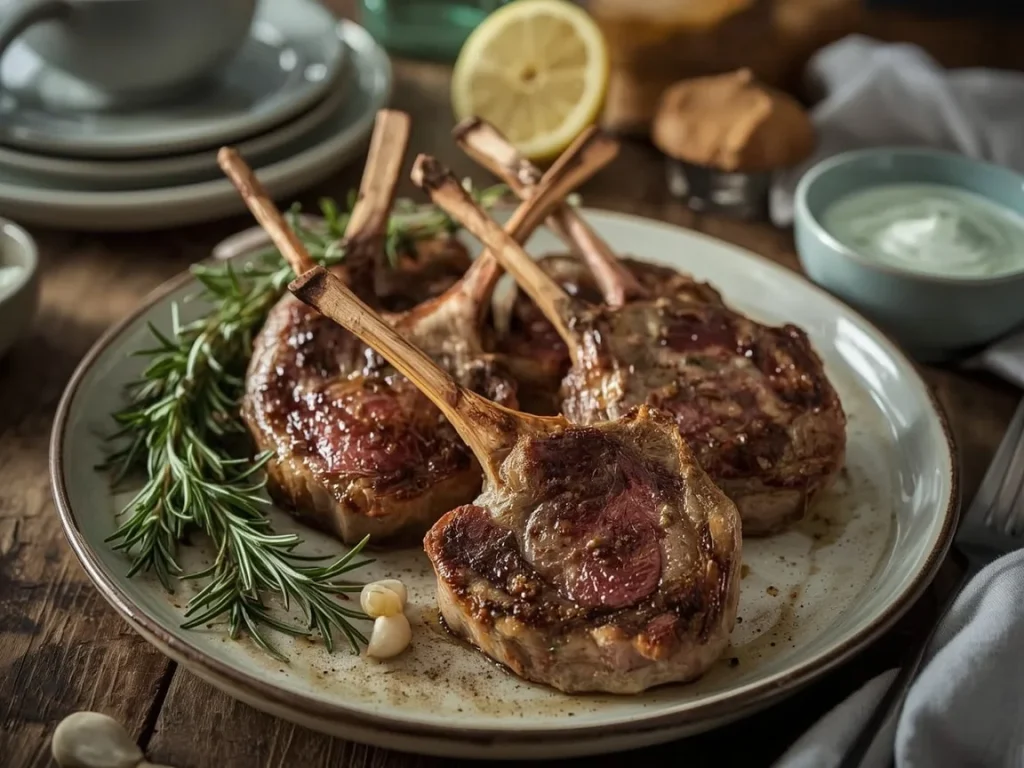 Rosemary garlic lamb chops with a side of mint yogurt sauce