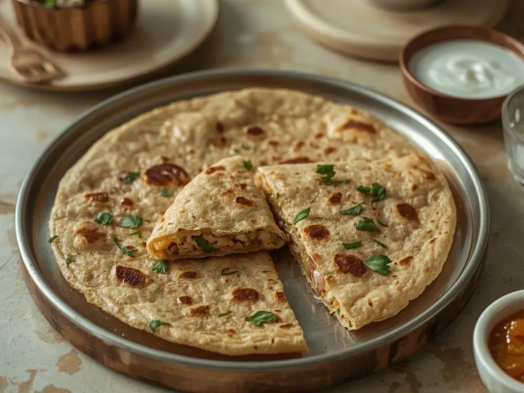Sattu paratha cut open to show roasted gram flour filling, with yogurt