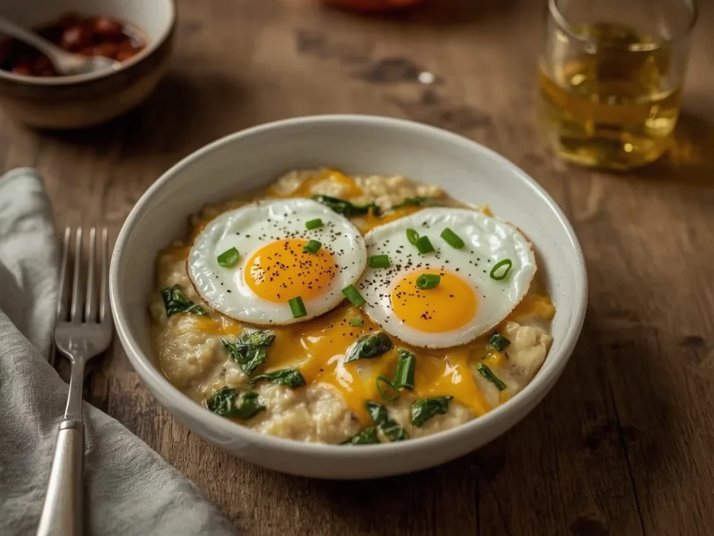 Savory cheddar oatmeal topped with fried eggs and green onion
