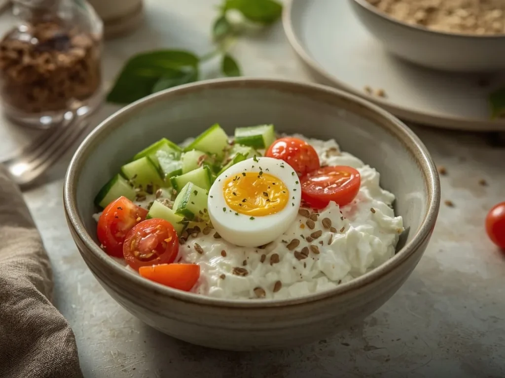 Savory cottage cheese bowl with egg, cucumber and tomatoes