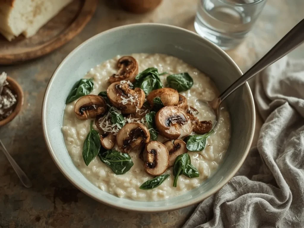 Savory mushroom and Parmesan oatmeal topped with browned mushrooms