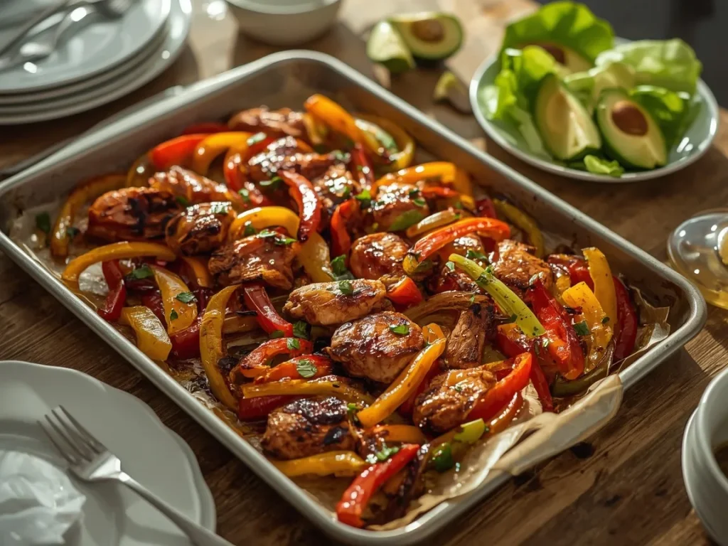 Sheet pan chicken fajitas with peppers and onions served with lettuce cups