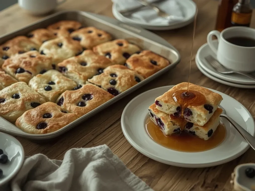 Sheet pan protein pancakes with blueberries cut into squares