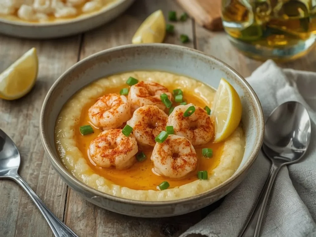 Bowl of creamy cheddar grits topped with smoky paprika shrimp and sliced green onions
