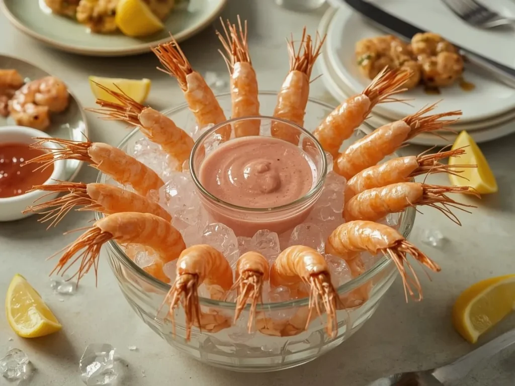 Shrimp cocktail on ice with a creamy horseradish cocktail sauce and lemon wedges