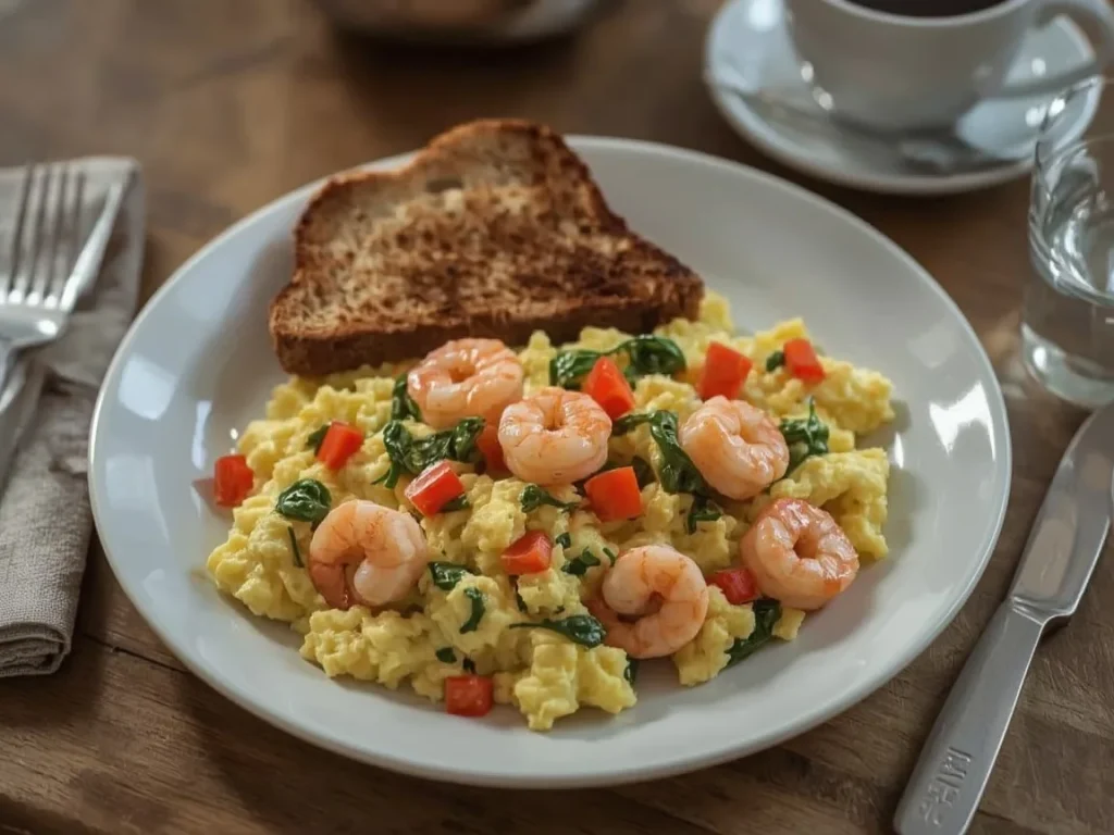 Shrimp and veggie egg white scramble with whole-grain toast
