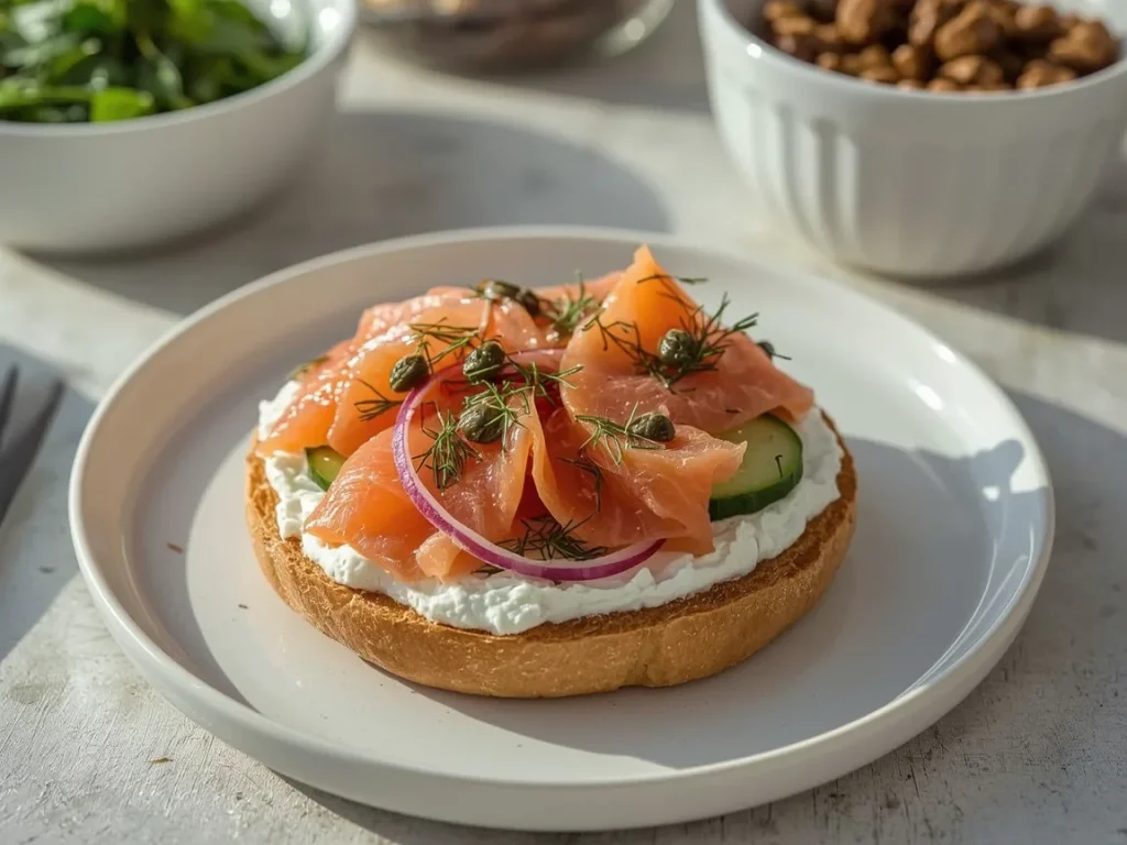 Smoked salmon cottage cheese bagel with cucumber, red onion and capers