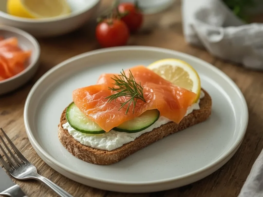 Smoked salmon cottage cheese toast with cucumber and dill
