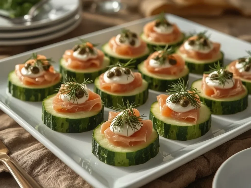 Smoked salmon cucumber bites with herbed cream and fresh dill on a platter