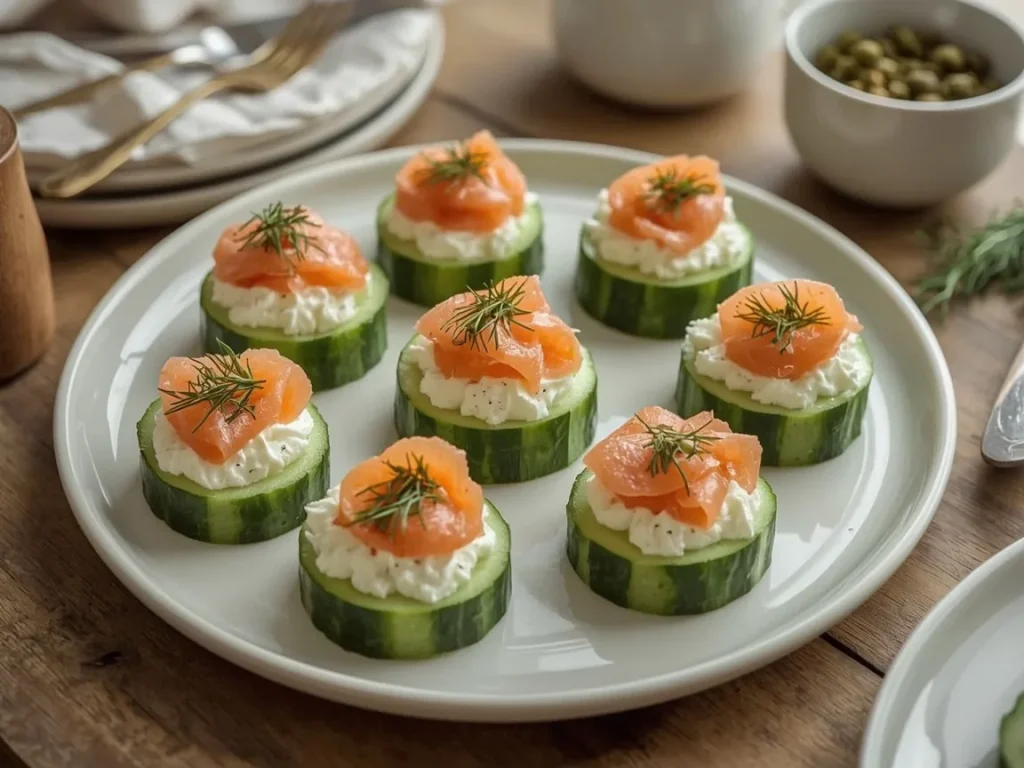 Smoked salmon cucumber bites with whipped cottage cheese, capers and dill