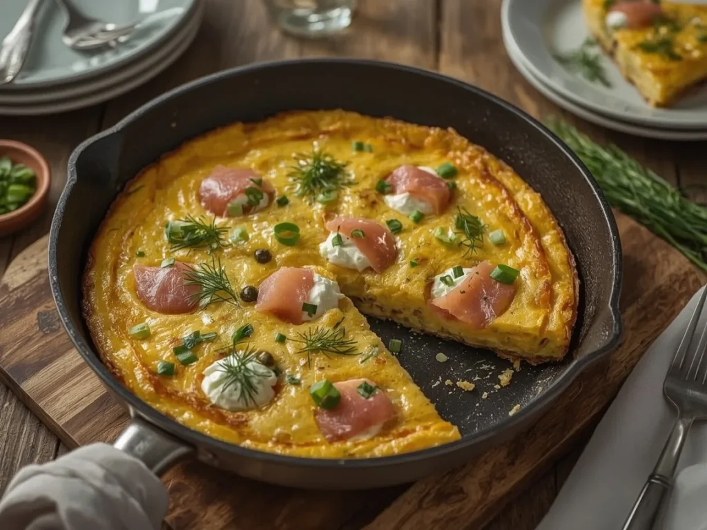 Smoked salmon and dill frittata with capers in a skillet