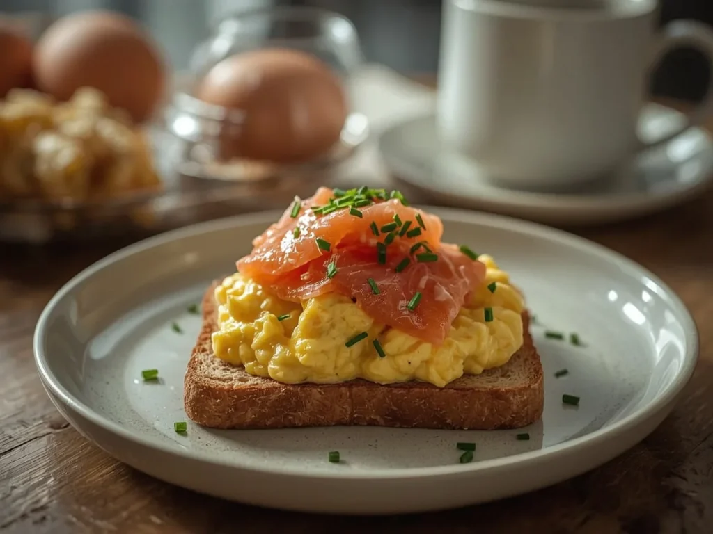 Smoked salmon scramble piled on whole-grain toast with chives