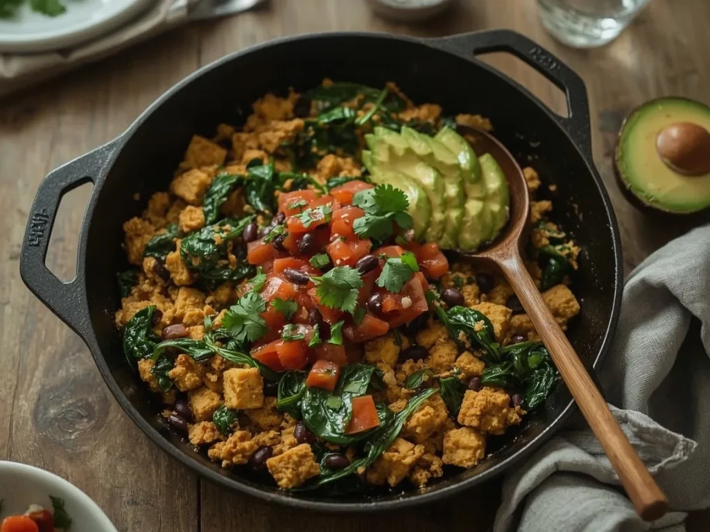 Southwest tofu scramble with black beans, spinach, salsa and avocado in a cast iron skillet