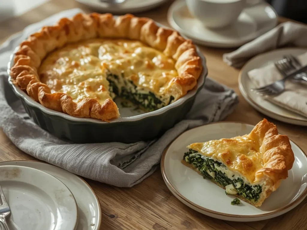 Spanakopita pie with a crisp phyllo top and a wedge showing spinach feta filling
