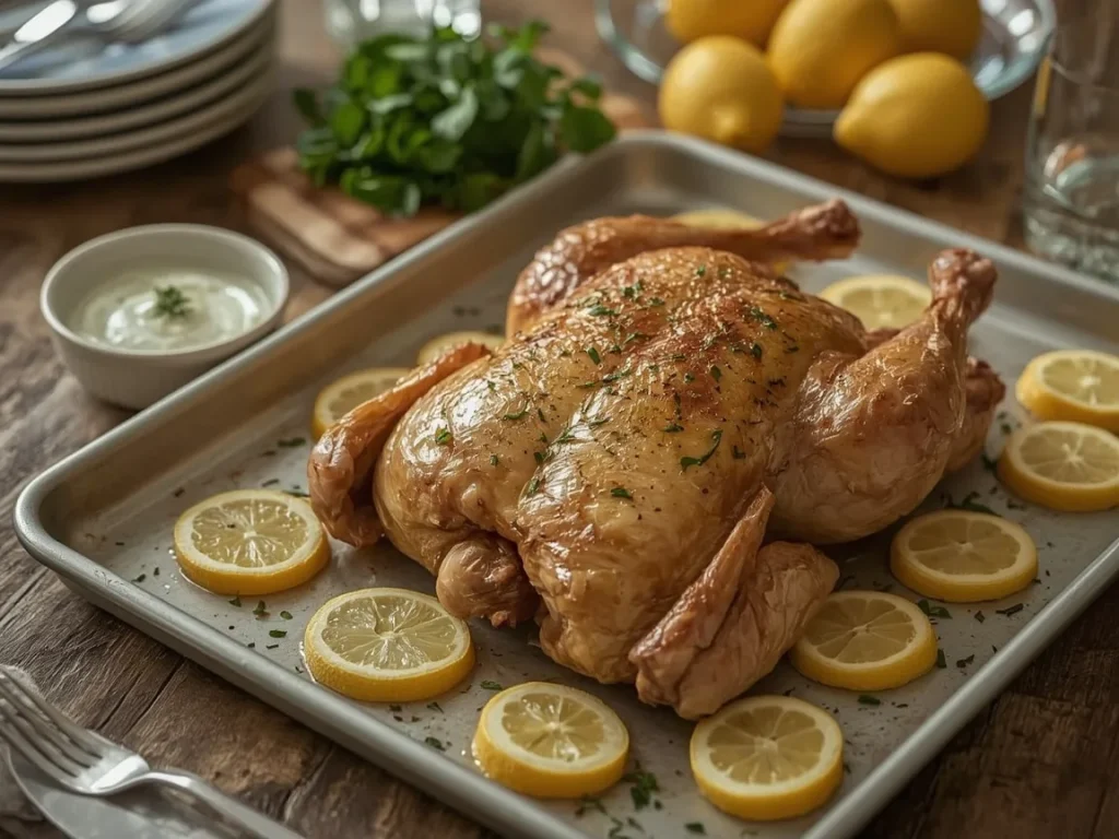 Spatchcock roast chicken with lemon slices, herbs and a yogurt sauce