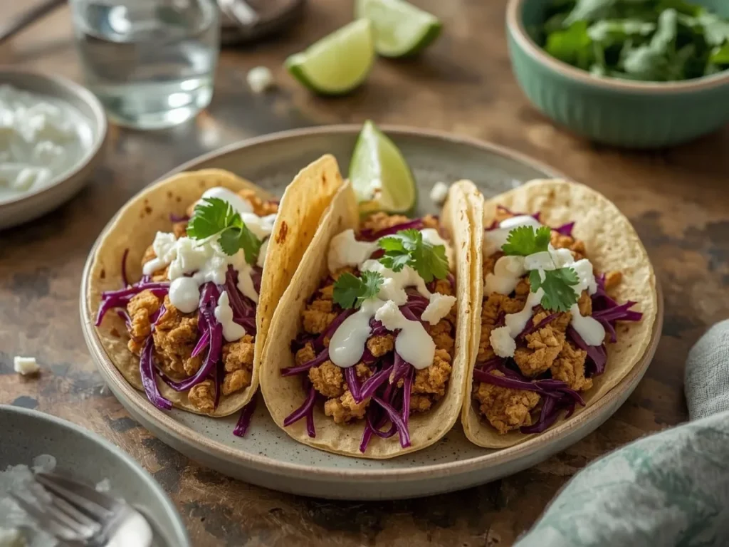 Spiced turkey breakfast tacos with red cabbage, lime crema and cotija