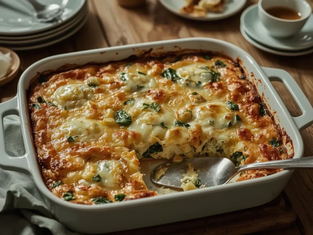 Spinach artichoke breakfast casserole with melted mozzarella and Parmesan