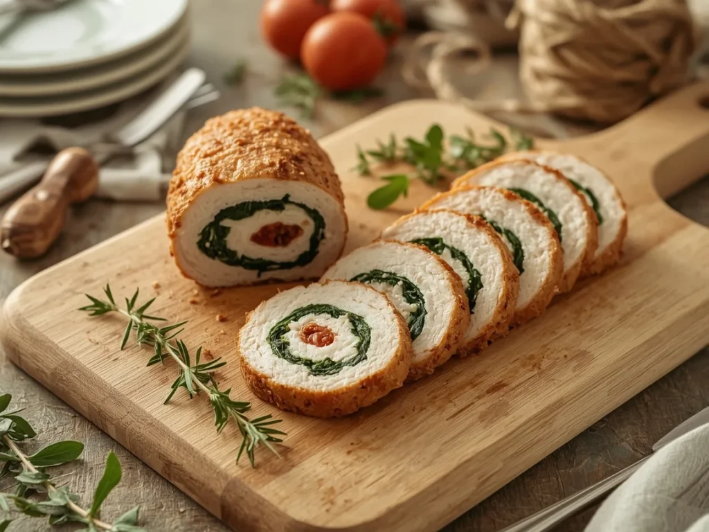 Sliced turkey breast roll stuffed with spinach, cottage cheese and sun-dried tomatoes