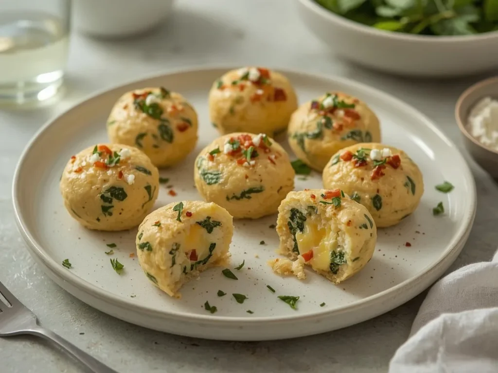 Spinach and feta cottage cheese egg bites with roasted red pepper