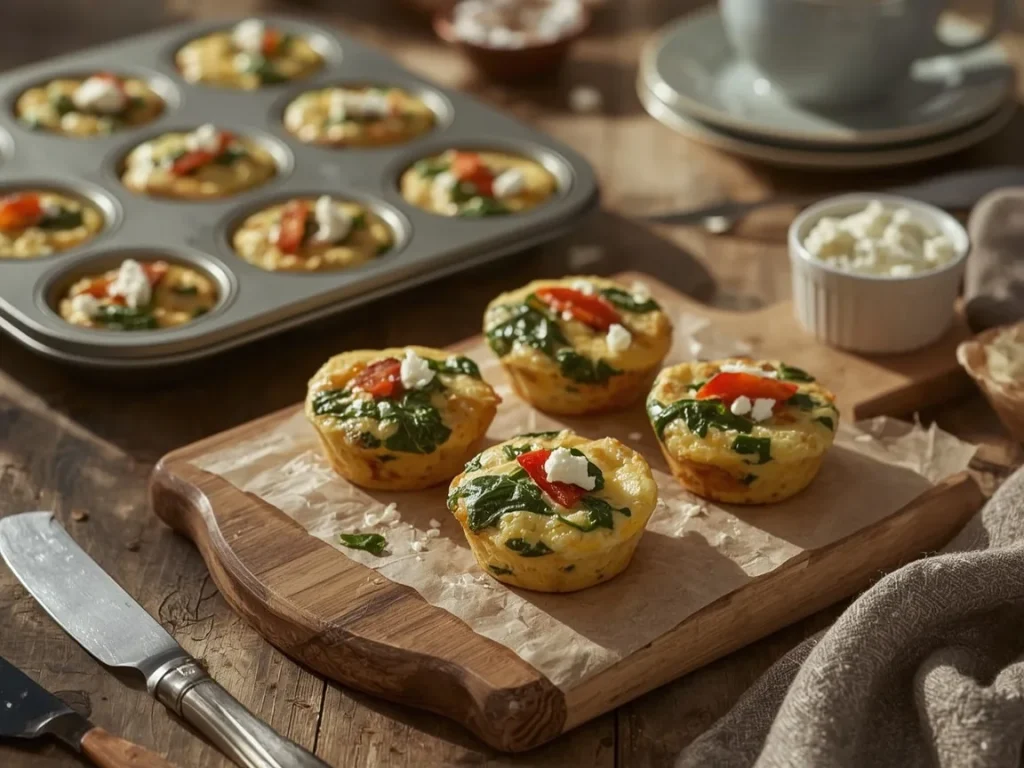 Spinach feta egg bites on a wooden board beside a muffin tin