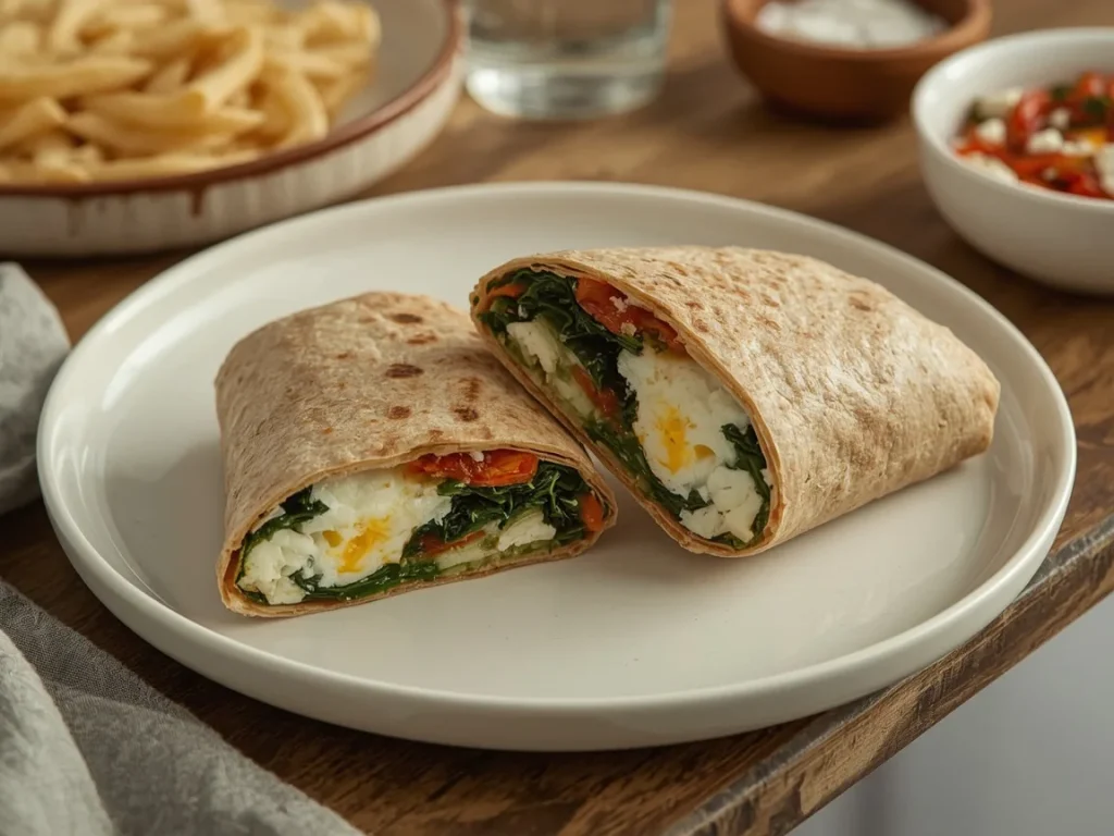 Spinach and feta egg white burrito cut in half with roasted red peppers