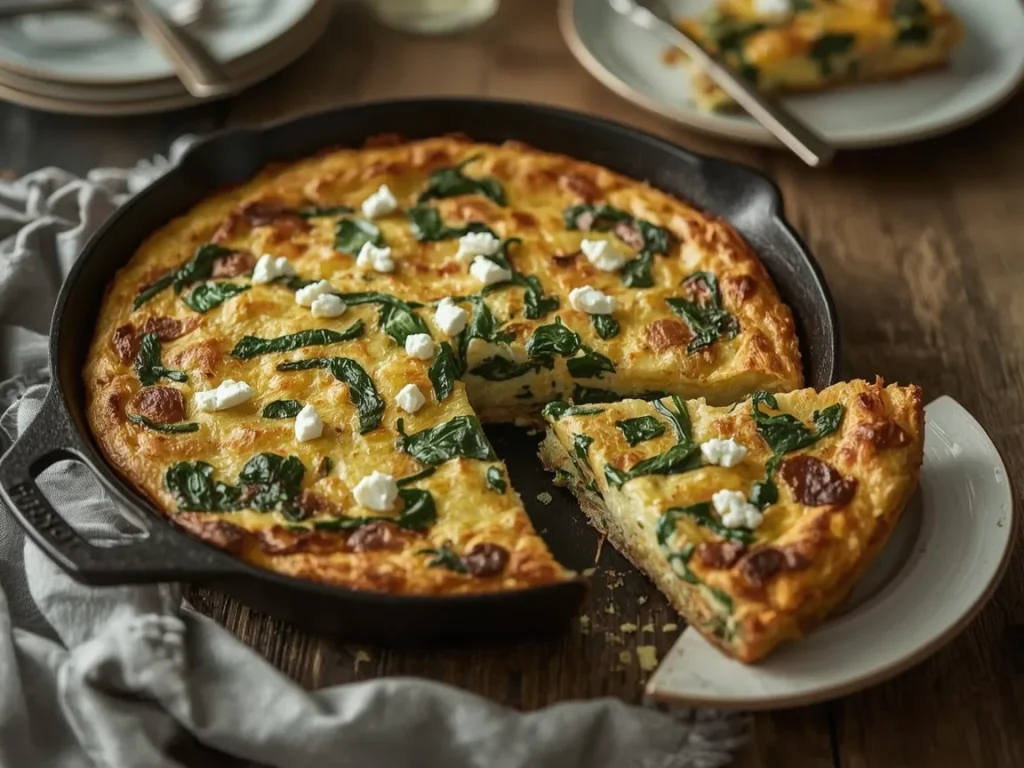 Spinach and feta frittata in a skillet with one wedge cut