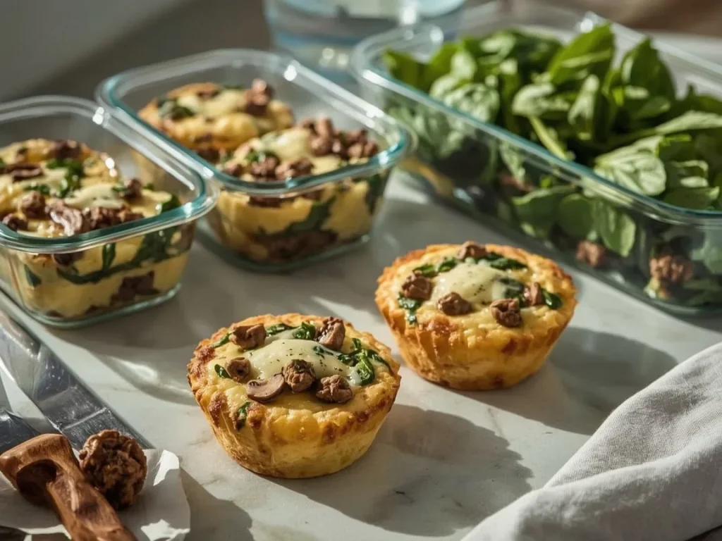 Spinach, mushroom and turkey sausage egg muffins in meal prep containers