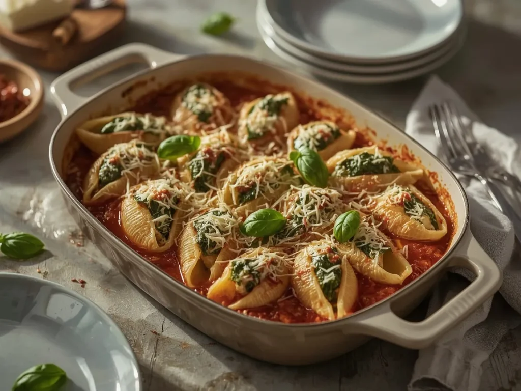 Spinach and ricotta stuffed shells baked in marinara with melted mozzarella