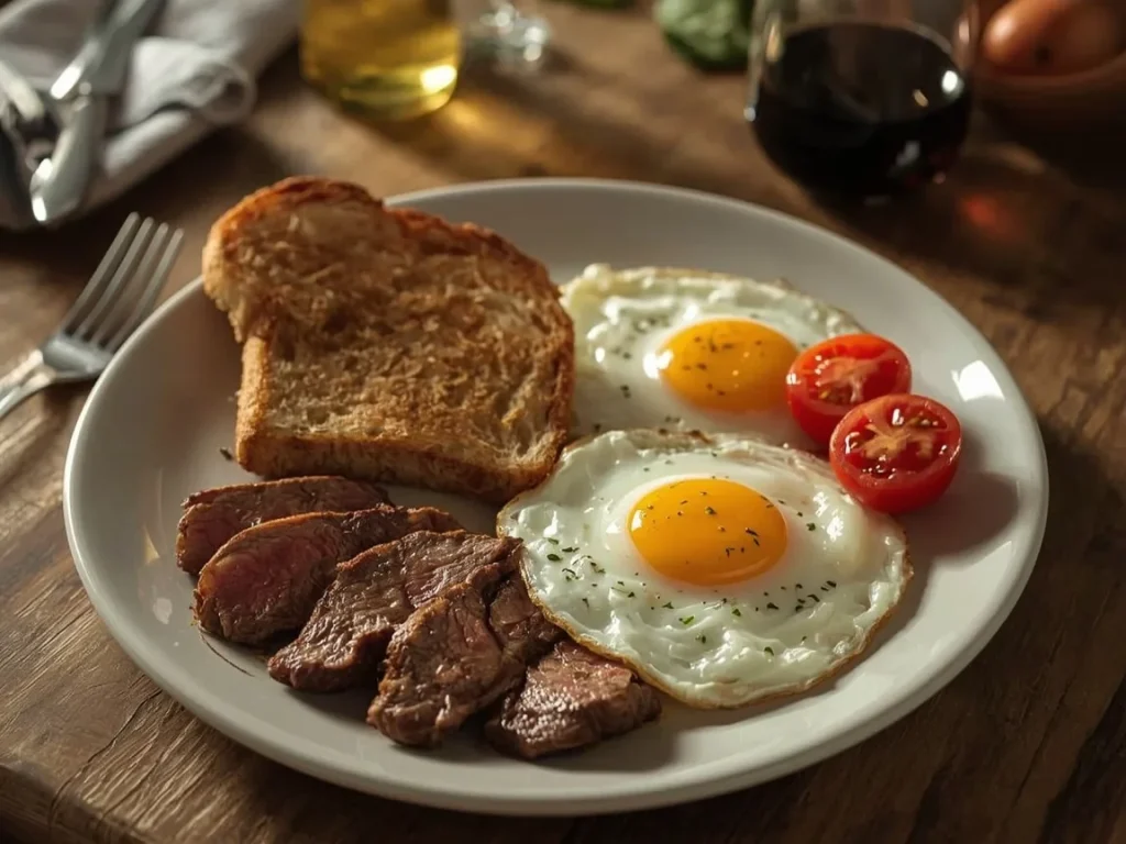 Steak and eggs with whole-grain toast and cherry tomatoes