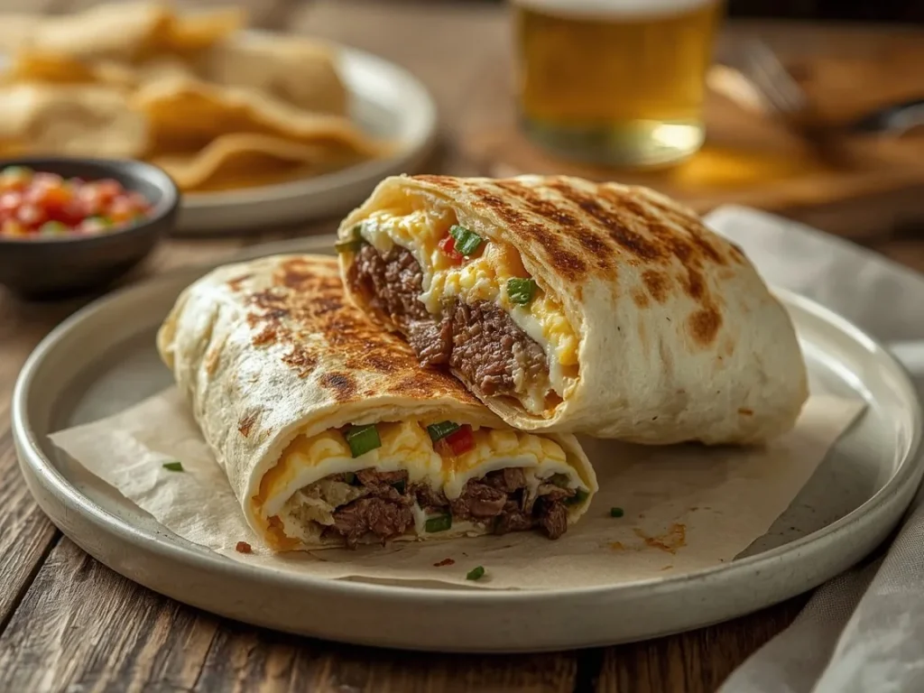 Steak and egg breakfast burrito cut in half with pico de gallo