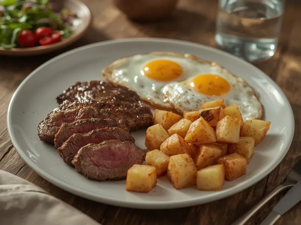 Steak and eggs with crispy skillet potatoes on a plate