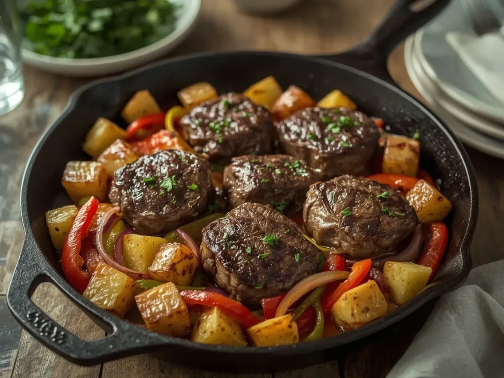Steak and pepper breakfast hash with crispy potatoes in a cast iron skillet