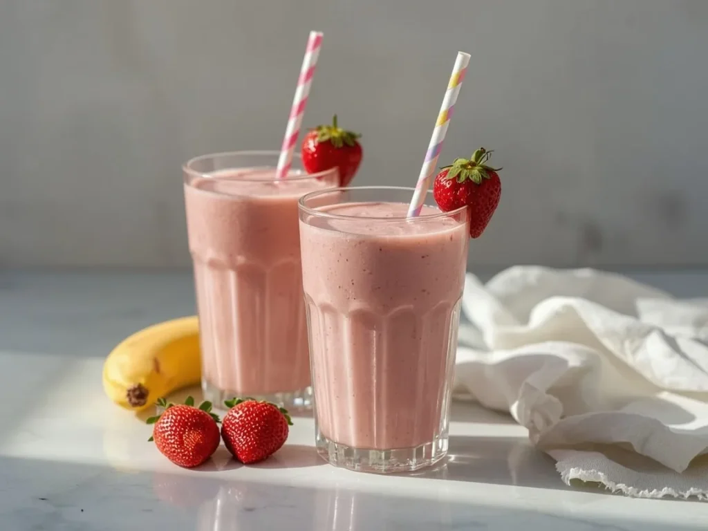 Strawberry banana protein smoothie in two glasses with straws