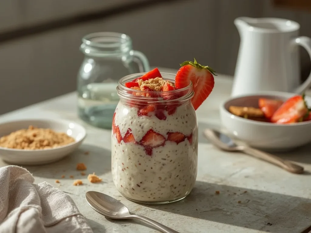 Strawberry cheesecake overnight oats topped with strawberries and graham crumbs