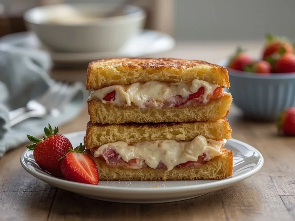 Strawberry cheesecake stuffed French toast cut in half