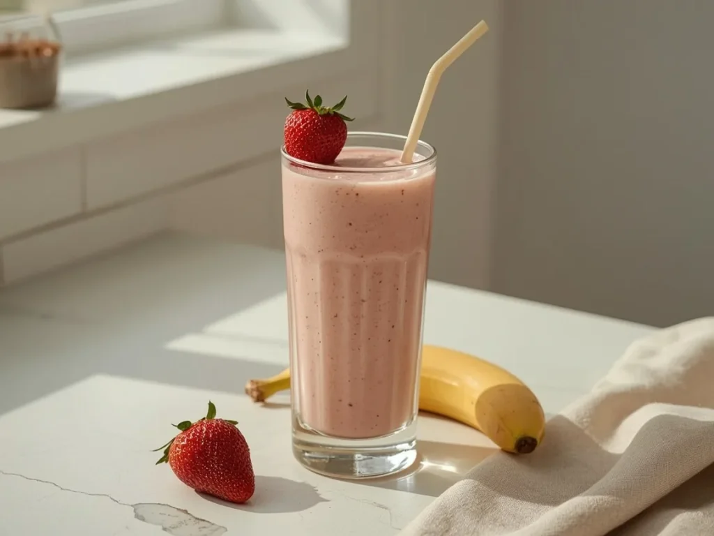 Strawberry protein smoothie in a tall glass