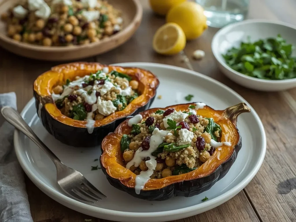 Acorn squash halves stuffed with quinoa, chickpeas, cranberries and feta