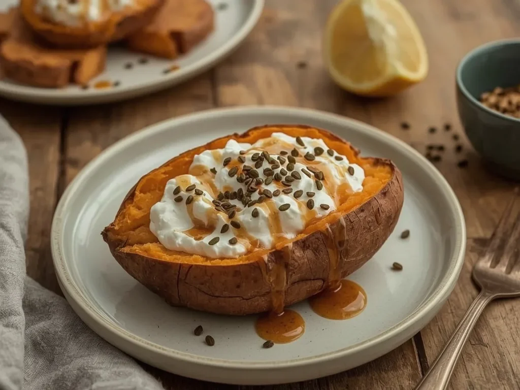 Stuffed breakfast sweet potato with Greek yogurt and peanut butter